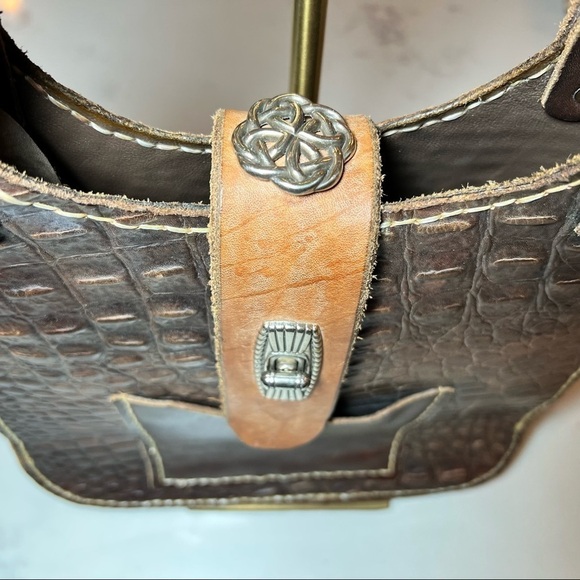 Handcrafted structured urban raw edge leather croc embossed shoulder bag NWOT - Picture 7 of 12